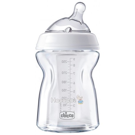 Бутылка стеклянная Chicco Natural Feeling 250мл. соска силиконовая от 2 месяцев нормальный поток