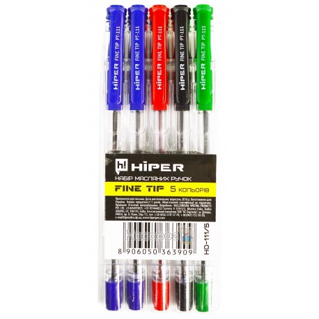 Ручки в наборі Hiper Fine Tip HO-111/5 (чорна,червона,синя,зелена,фіолетова) (/_) кулькова