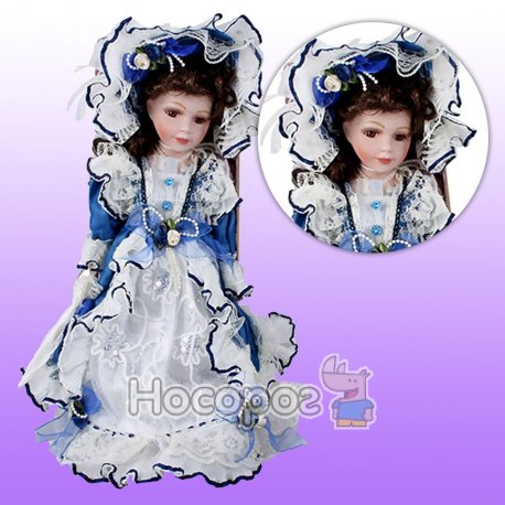 Лялька керамічна F16224 h40см біло-синя сукня , у вікторіанському стилі, у подарунковій коробці
