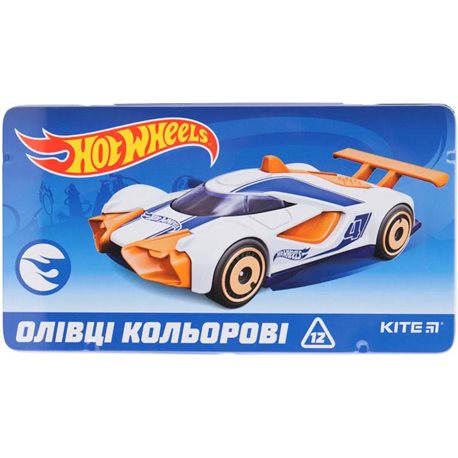 Олівці кольорові тригранні Kite Hot Wheels HW19-058, металевий пенал, 12 шт.