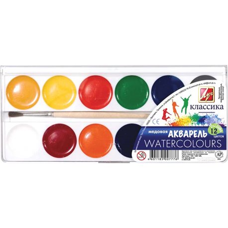 Краски акварельные Луч Классика 12 цветов в пластиковой упаковке с кисточкой (19С1287-08) (4601185007776)