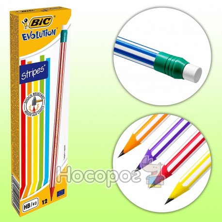 Набір олівців чорнографітних шестигранних BIC Evolution Stripes HB з гумкою 12 шт (8960342) (3086123278189)