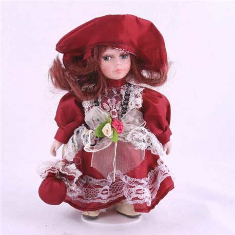 Лялька керамічна стояча h = 20см, сукня бордо у вікторіанському стилі, в подарунковій коробці HD12B948A