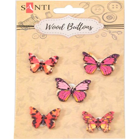 Набор пуговиц для творчества Santi "Розовые бабочки", древесина, 5 шт./уп. (742483) [5056137157334]