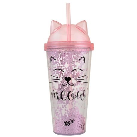 Тамблер-стакан YES с блестками "Pink Cat", 450мл, с трубочкой 707076