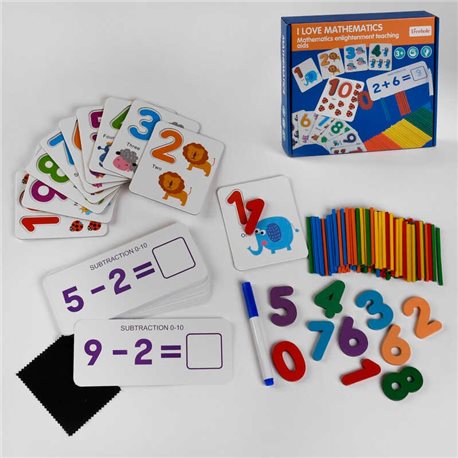 Деревянная Математика С 47823 (60) деревянные цифры, карточки с уравнениями, счетные палочки, цифры, маркер, в коробке