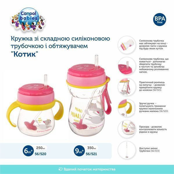 Canpol babies Кружка зі складною силіконовою трубочкою і обтяжувачем 250 мл Котик 01218789 фото